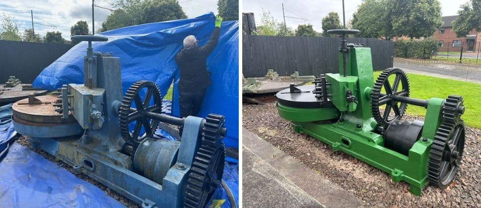 Before and after of a turning machine using precision coating removal equipment